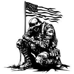 Fototapeta premium Silhouette of a soldier kneeling in respect before the American flag, representing honor and sacrifice.