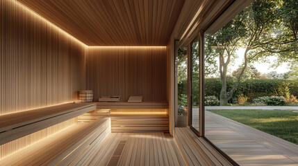 A sauna room with smooth light wood interiors