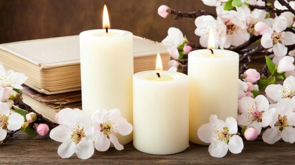 An inviting table with a brass candlestick, white candles, dark books, and soft pink flowers sets a warm ambiance