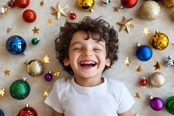 A joyful child lying on the floor surrounded by colorful ornaments and festive decorations during the holiday season
