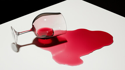Spilled red wine from an overturned glass on a white table with a light backdrop.