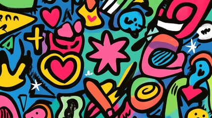 This lively doodle showcases a mix of bright symbols including hearts, stars, and flowers, ideal for artistic projects and inspiration. Generative AI