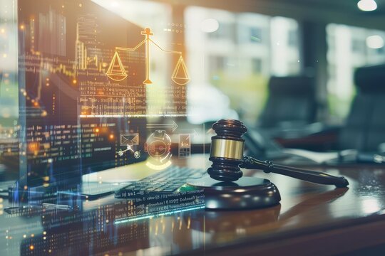 Gavel, Laptop, and Scales of Justice with Digital Overlay