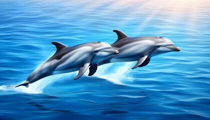 Fototapeta premium Playful dolphins dancing on the waters surface in their vibrant natural habitat
