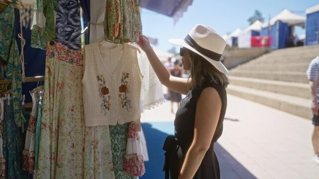 Woman shopping outdoors in palma mallorca browsing colorful clothes on a sunny day