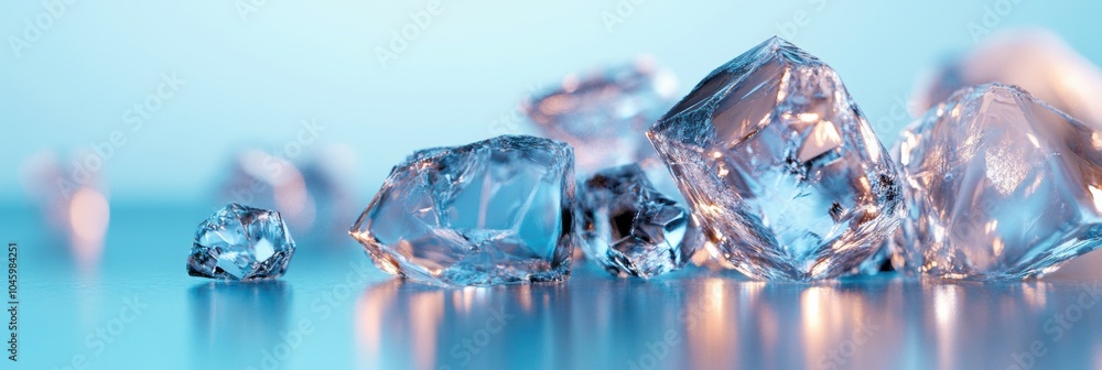 Leinwandbilder Intricate icy crystals sparkle and reflect light, creating mesmerizing abstract patterns on a tranquil blue surface. Generative AI