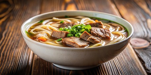 Soup with noodles and veal served in a restaurant bowl at a tilted angle