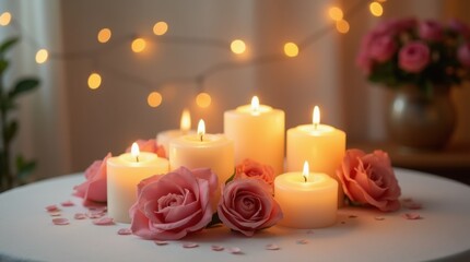 A romantic scene with flickering candles surrounded by fresh roses on a white table, using soft lighting to enhance the atmosphere.