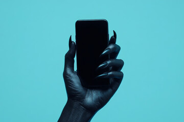 A black hand with claw-like fingers gripping a smartphone on a cool blue studio backdrop, creating a strong contrast between the dark hand and the soft background hue.
