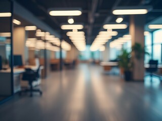 Modern office interior with panoramic windows and glass partitions with warm light. Blurred open...