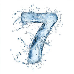A creative number 7 composed of cascading water splashes, with droplets artfully arranged to showcase the energy and grace of liquid motion, isolated on a white background