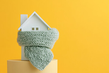A white house figurine elegantly wrapped in a light green scarf, positioned on a stand with a bright yellow background, leaving room for text, evoking feelings of comfort and warmth.