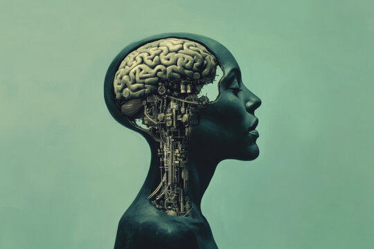 A side profile of a human head with the skull opened to reveal a mechanical system inside, symbolizing mental health awareness and the complexities of the brain, set against a light green background.