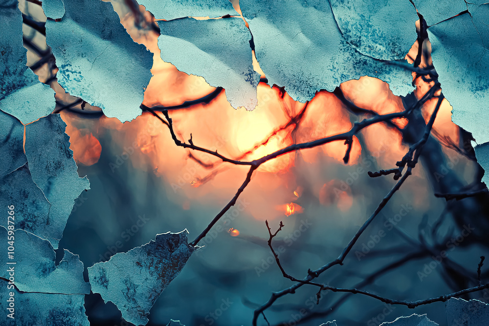 Poster tree branch with a sun in the background. the branch is broken and the sun is shining through the cr