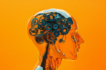 A human with a visible mechanism inside the head, gears and levers in place of brain tissue, symbolizing the complexity of mental health, on a vibrant orange background for World Mental Health Day.