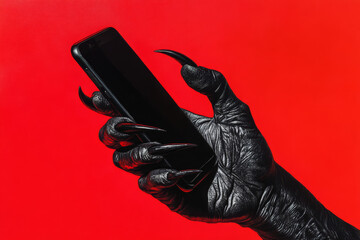 A black hand with sharp claws holding a smartphone against a vibrant red studio background, with shadows enhancing the texture of the hand and sleekness of the phone.