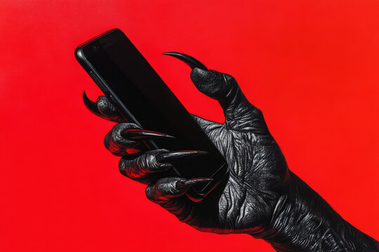 A black hand with sharp claws holding a smartphone against a vibrant red studio background, with shadows enhancing the texture of the hand and sleekness of the phone.