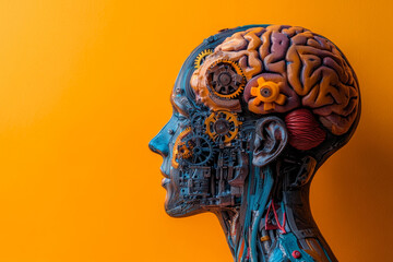 A human with a visible mechanism inside the head, gears and levers in place of brain tissue, symbolizing the complexity of mental health, on a vibrant orange background for World Mental Health Day.