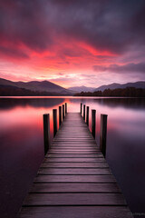 Obraz premium Tranquil Sunset over Lake with Wooden Pier