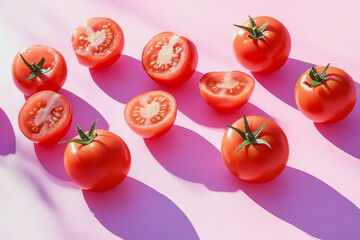 Fototapeta premium Several red tomatoes, some halved to reveal their juicy insides, arranged aesthetically on a pastel lilac surface, with subtle shadows creating a clean, fresh look.