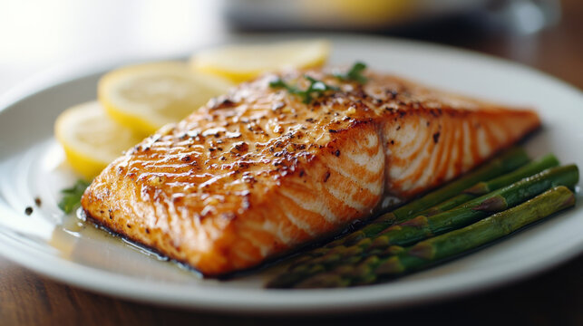 a close-up of a gourmet meal, featuring an elegantly arranged plate of seared salmon with asparagus and lemon slices, on a rustic wooden table, soft natural light creating gentle shadows, in the style