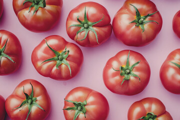 Fototapeta premium A flat lay of fresh, organic tomatoes on a muted lilac surface, highlighting their natural textures and vibrant color contrast.