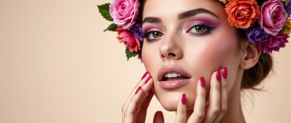 Naklejka premium Close-up portrait of a woman wearing a colorful flower headband and bold makeup. The image captures beauty, elegance, and creativity, with vibrant flowers and perfectly styled features.