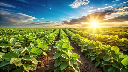 Soybean plants growing in sunlight