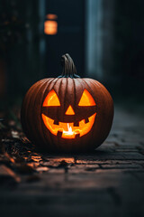 Glowing jack-o'-lantern on a dark pathway at Halloween night