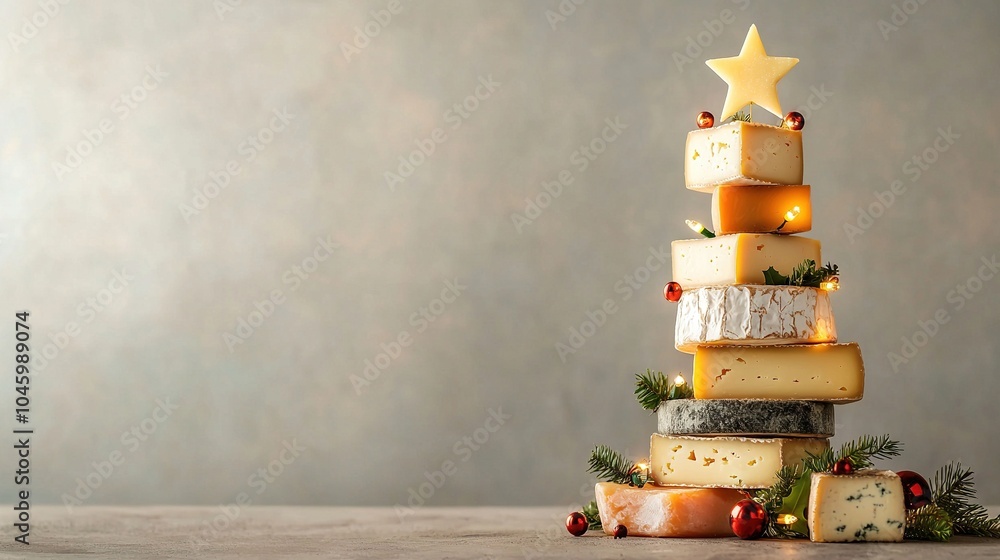 Poster a christmas tree fashioned from cheese, crowned with a star, sits amidst an array of additional chee