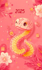 Fototapeta premium Bright and colorful illustration of a dragon for the year 2025, featuring floral elements and a vibrant pink background