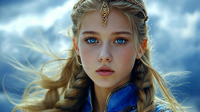 A young woman with long, blonde hair and blue eyes stares intently at the camera while wearing a golden crown