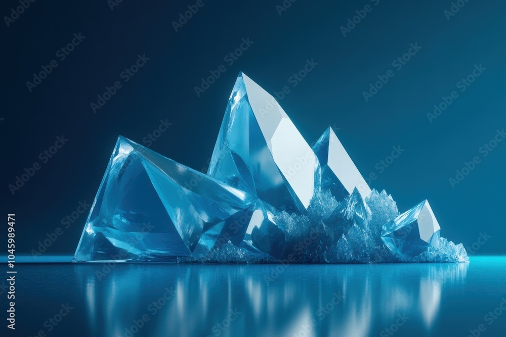 Poster intricate icy crystals shimmer with light reflections against a tranquil blue backdrop, creating a m