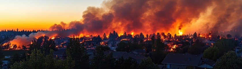 Fototapeta premium Intense Wildfire Consuming Forest at Sunset with Thick Smoke and Glowing Flames