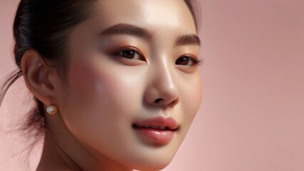 Naklejka premium Face portrait of a young Asian woman, Korean fashion model headshot, healthy glowing skin and light natural makeup on pink background