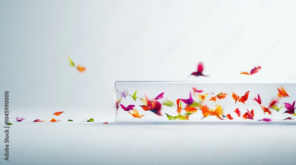 Poster a group of colorful butterflies flying in a clear container on a white background with a white wall 