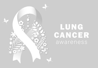 Naklejka premium Lung Cancer Awareness Month. Banner, poster, card, background design. Lungs with flowers and white ribbon vector illustration