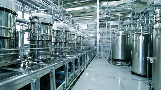 Observe complex system pipelines tanks equipped various appliances devices depicting intricate automated apparatus used production dairy products captured closeup gradual distancing enhance detail