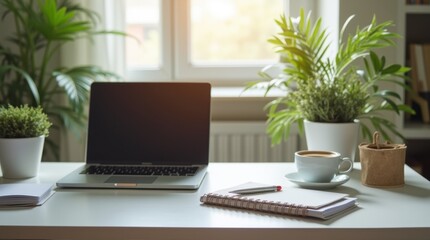 Fototapeta premium A stylish and organized home office space featuring a laptop, notebooks, a cup of coffee, and some greenery, arranged to create a clean and productive environment.