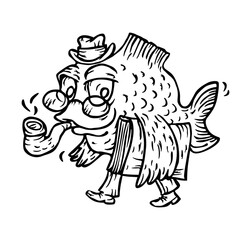 Fish with smoking pipe in hat walking with big book
