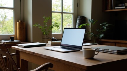 Fototapeta premium A stylish and organized home office space featuring a laptop, notebooks, a cup of coffee, and some greenery, arranged to create a clean and productive environment.
