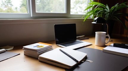 Naklejka premium A stylish and organized home office space featuring a laptop, notebooks, a cup of coffee, and some greenery, arranged to create a clean and productive environment.