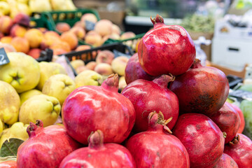 healthy organic pomegranate fresh red food vegetarian background fruit ripe closeup juicy market