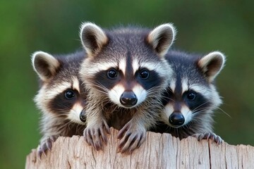 Obraz premium A family of raccoons scavenging for food near a campsite, driven by their hunger and curiosity
