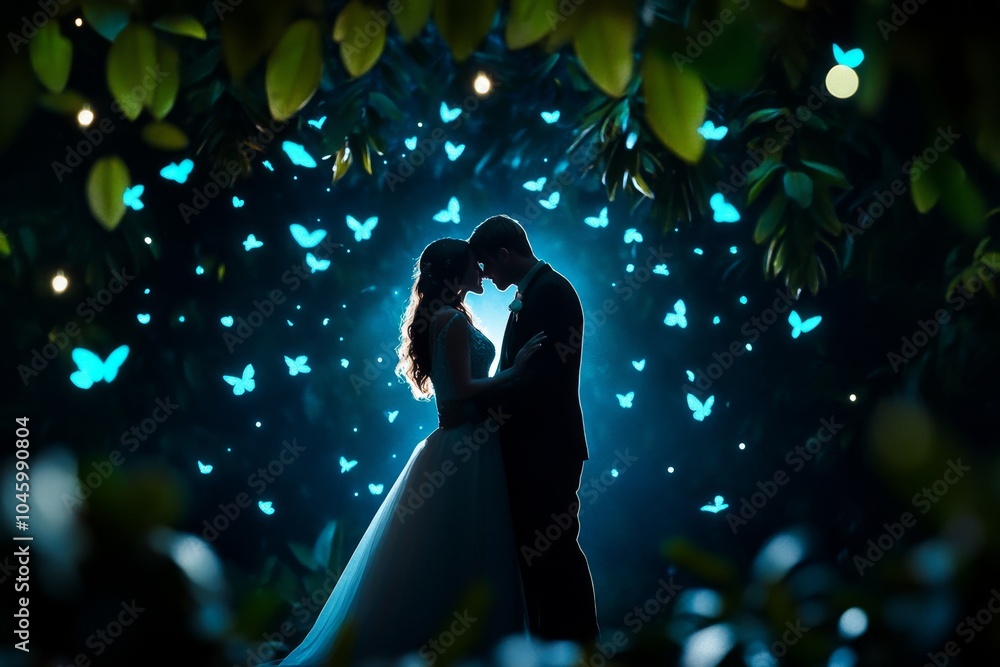 Poster a fantasy couple standing in a mystical forest, with magical light surrounding them, symbolizing the