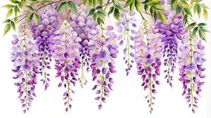 Fototapeta premium Watercolor wisteria clipart with cascading purple blooms silhouette