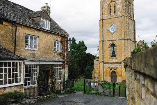 Autumnal English Village with Limestone Cottages and Autumn Trees - Quintessential Filming Location for Father Brown in Blockley, Gloucestershire in The Cotswolds
