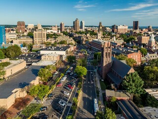 Christ Church on Broadway st with Yale University in the background. New Haven, Connecticut, United...