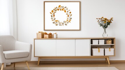 A stylish empty canvas mockup in a warm, inviting room decorated for the holiday season with a Christmas wreath and garland