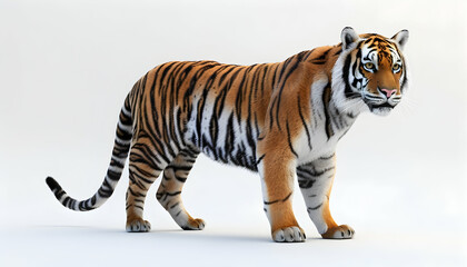 Obraz premium A majestic Bengal tiger stands on a white background. The tiger is looking to the left, with its mouth closed and its eyes open. The tiger is a powerful symbol of strength, courage, and beauty.